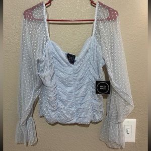 NWT off the shoulder baby blue rushed blouse sheer sleeves size Large